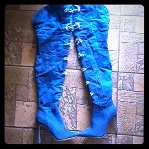 Distressed Denim Thigh High Stiletto Boots